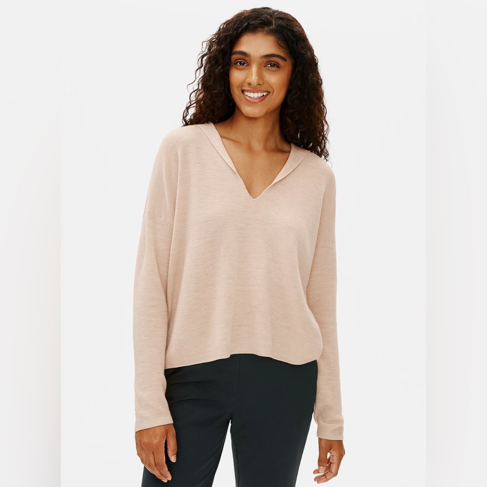 Eileen Fisher Ultrafine Merino Wool Hooded Sweater XS Beige Lightweight Knit Top
